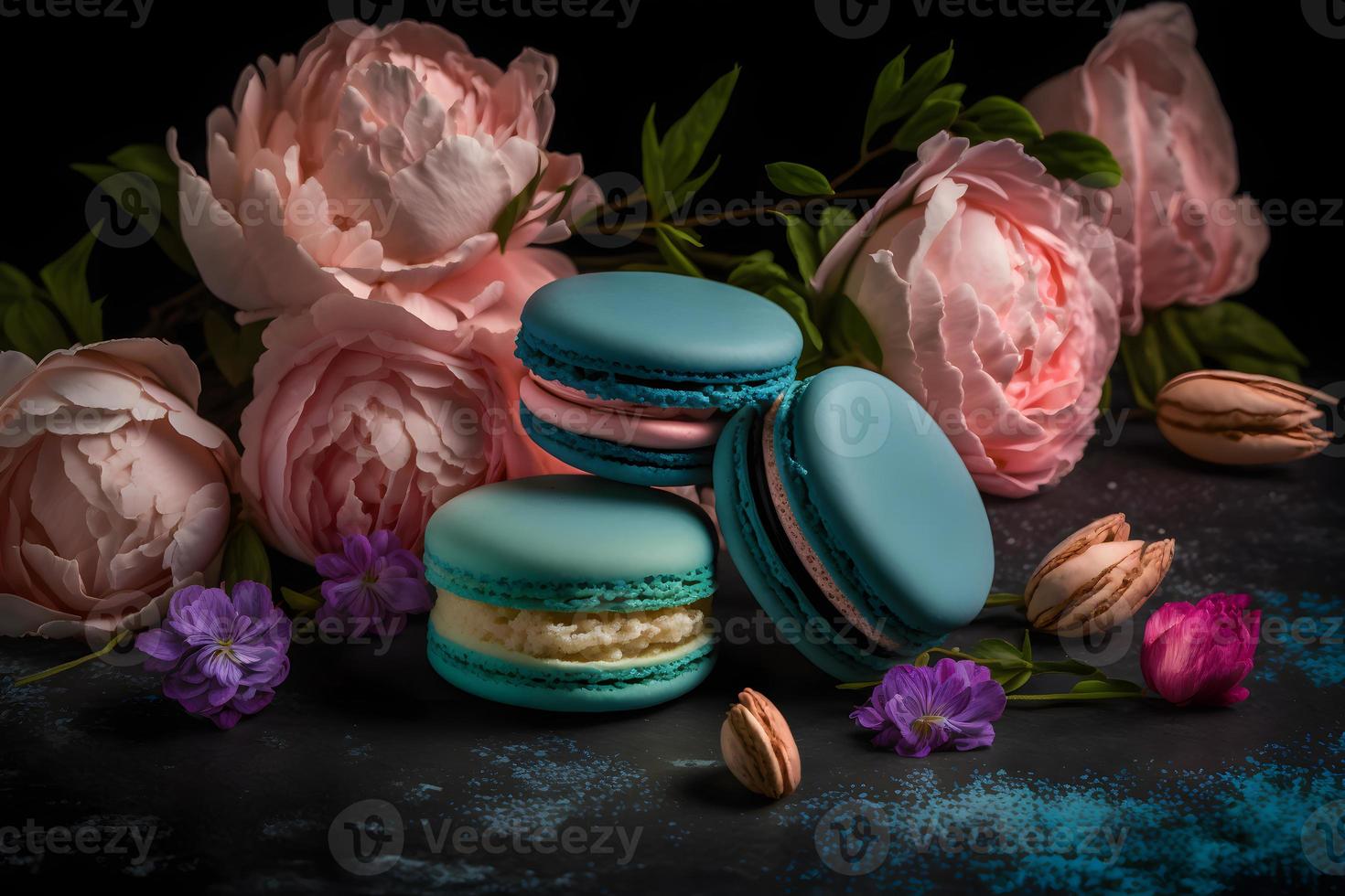 Sweet and beautiful macaroons of flower flavour. Flower flavour dessert food photography photo