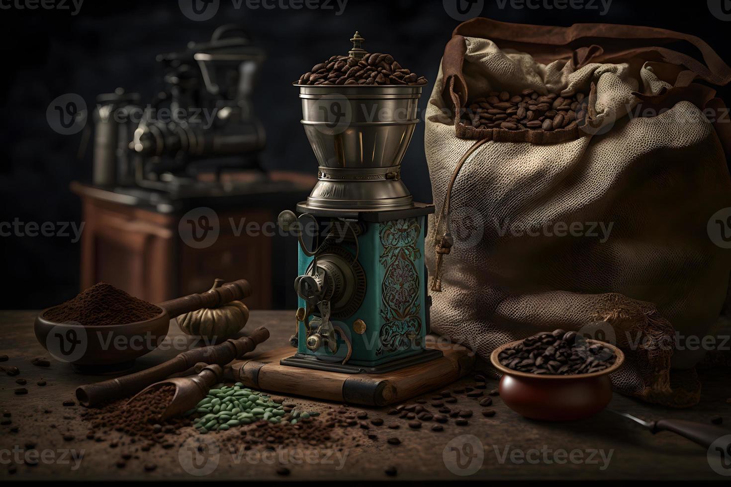 Arabic coffee beans in bag and grinder with ground coffee drink photography photo