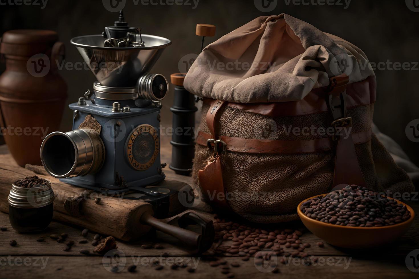 Arabic coffee beans in bag and grinder with ground coffee drink photography photo