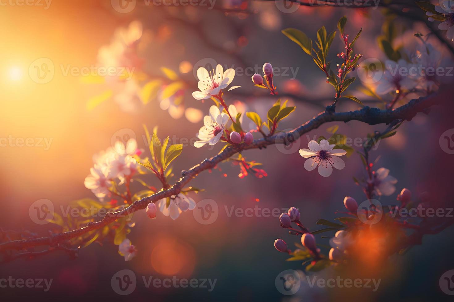 Spring blossom background. Nature scene with blooming tree and sun flare. Spring flowers. Beautiful orchard Photography photo