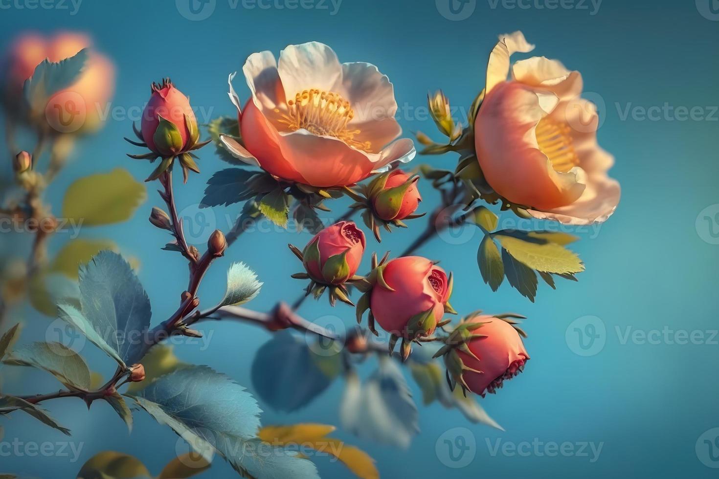 Beautiful spring border, blooming rose bush on a blue background. Flowering rose hips against the blue sky photo