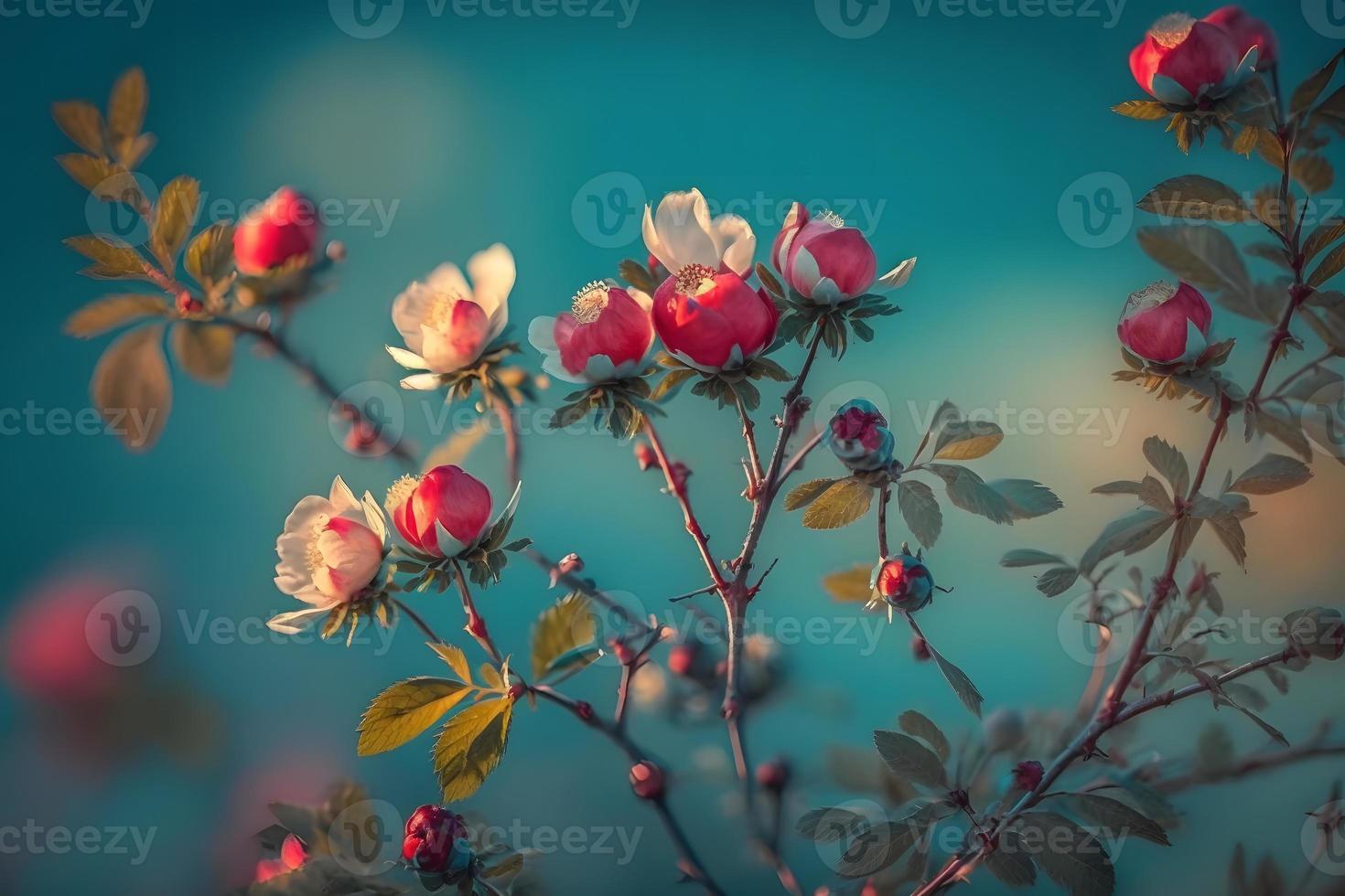 Beautiful spring border, blooming rose bush on a blue background. Flowering rose hips against the blue sky photo