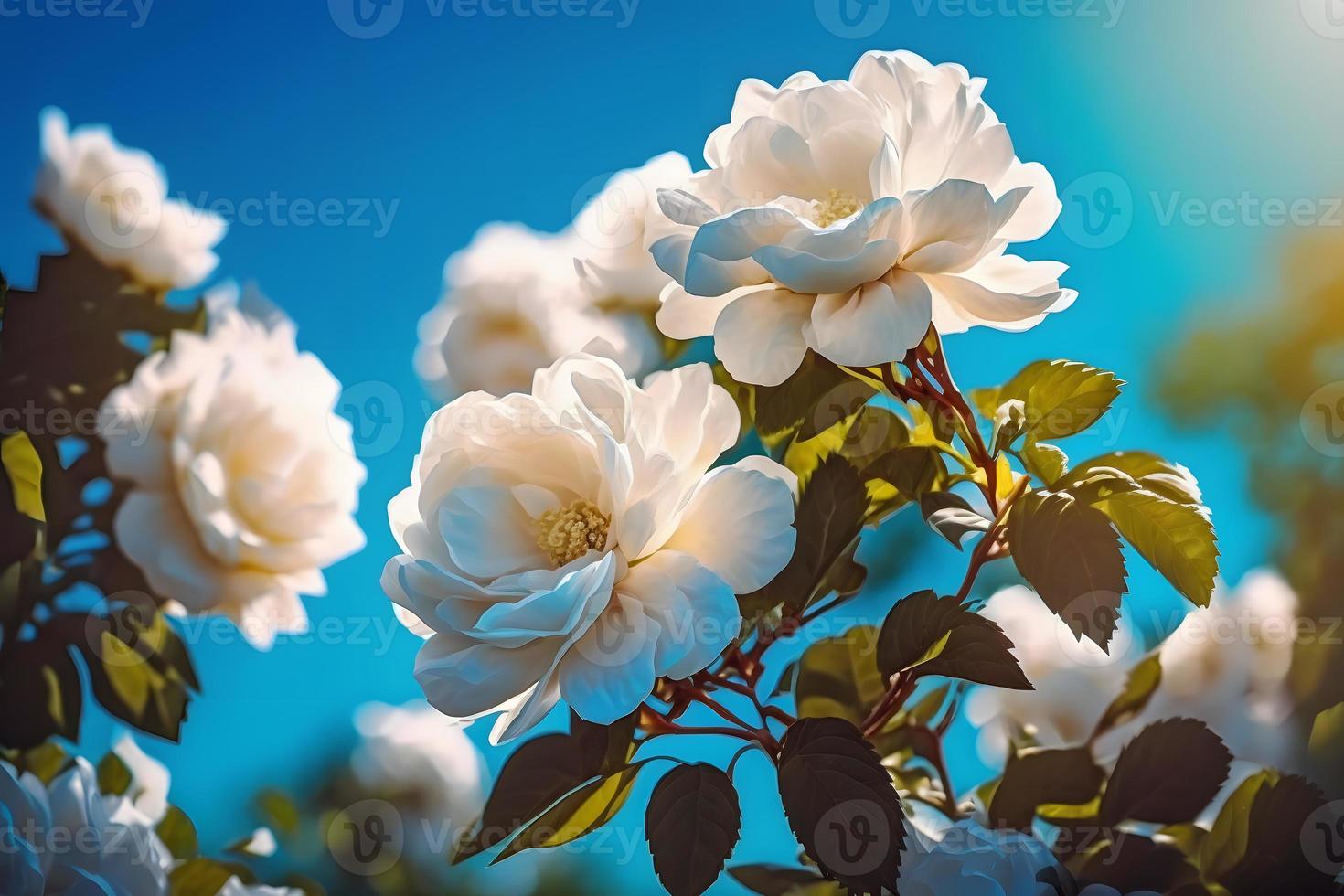 White bush roses on a background of blue sky in the sunlight. Beautiful spring or summer floral background photo