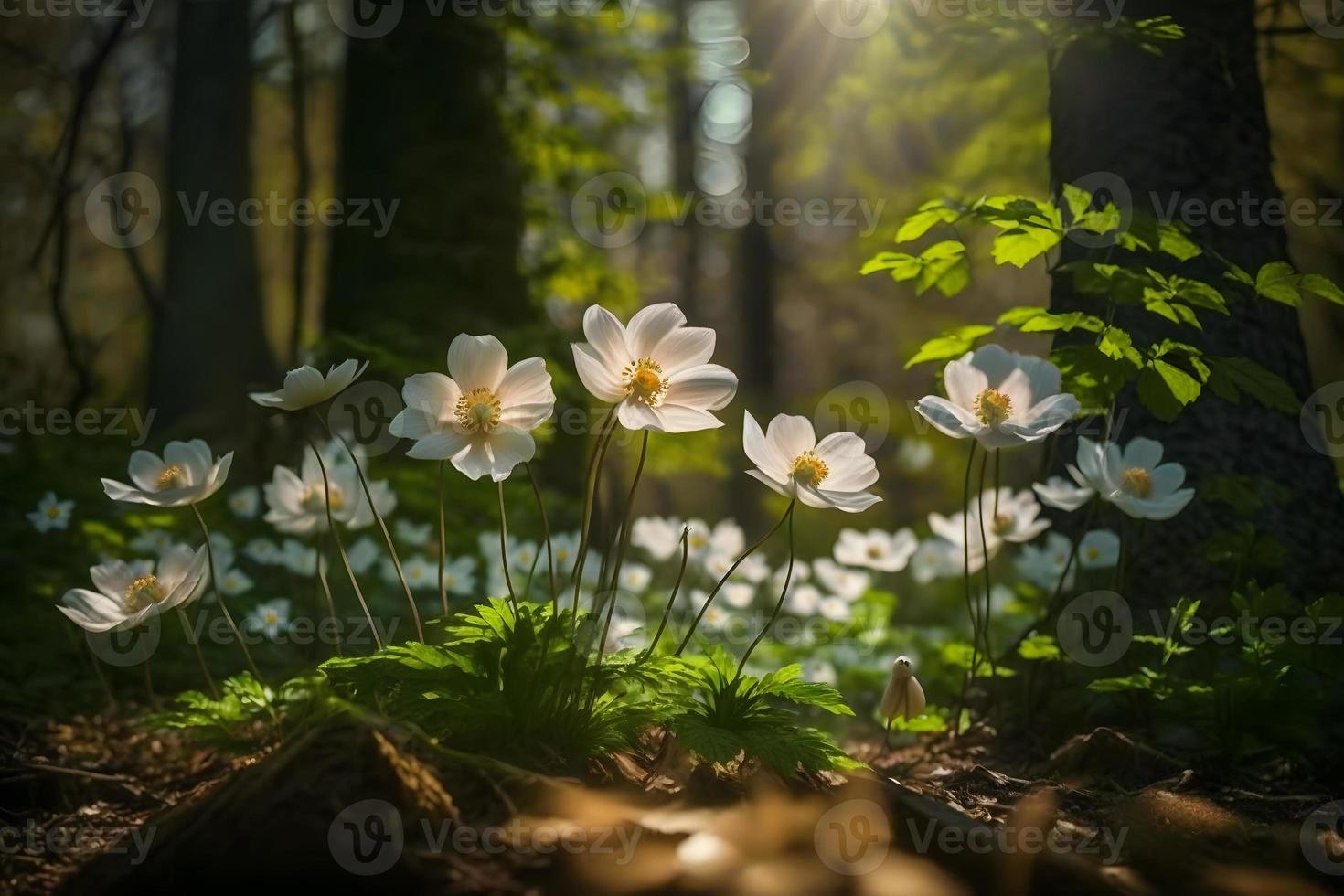 Beautiful white flowers of anemones in spring in a forest close up in sunlight in nature. Spring forest landscape with flowering primroses photo