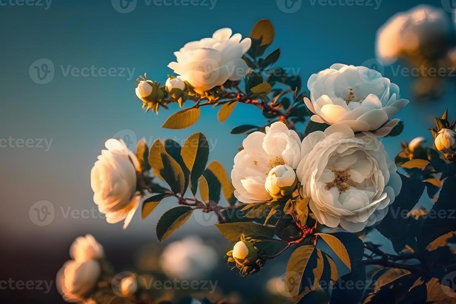 White bush roses on a background of blue sky in the sunlight. Beautiful spring or summer floral background photo