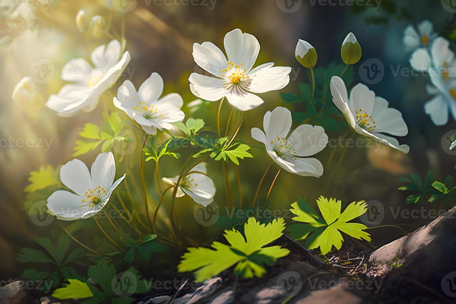Beautiful white flowers of anemones in spring in a forest close up in sunlight in nature. Spring forest landscape with flowering primroses photo