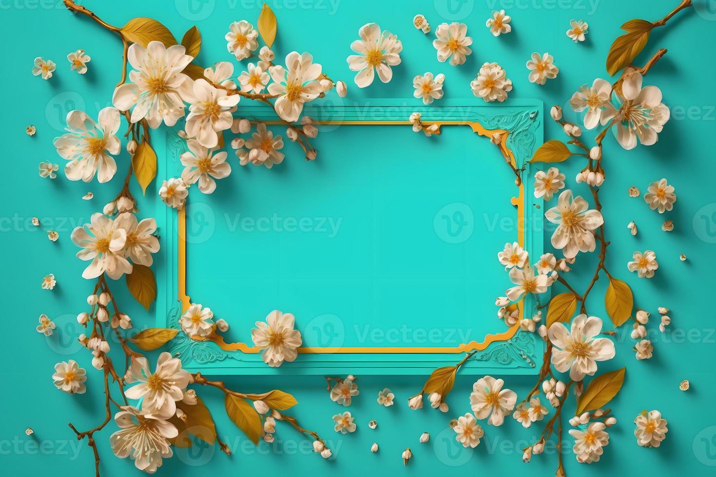Beautiful spring nature background with lovely blossom, petal a on turquoise blue background frame photo