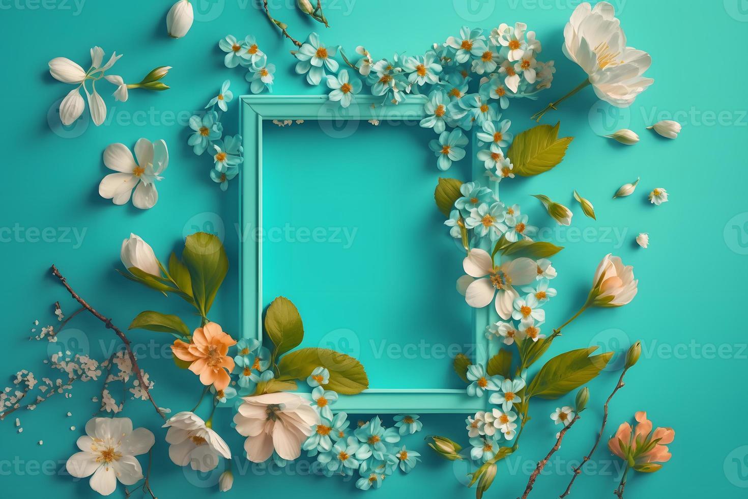 Beautiful spring nature background with lovely blossom, petal a on turquoise blue background frame photo