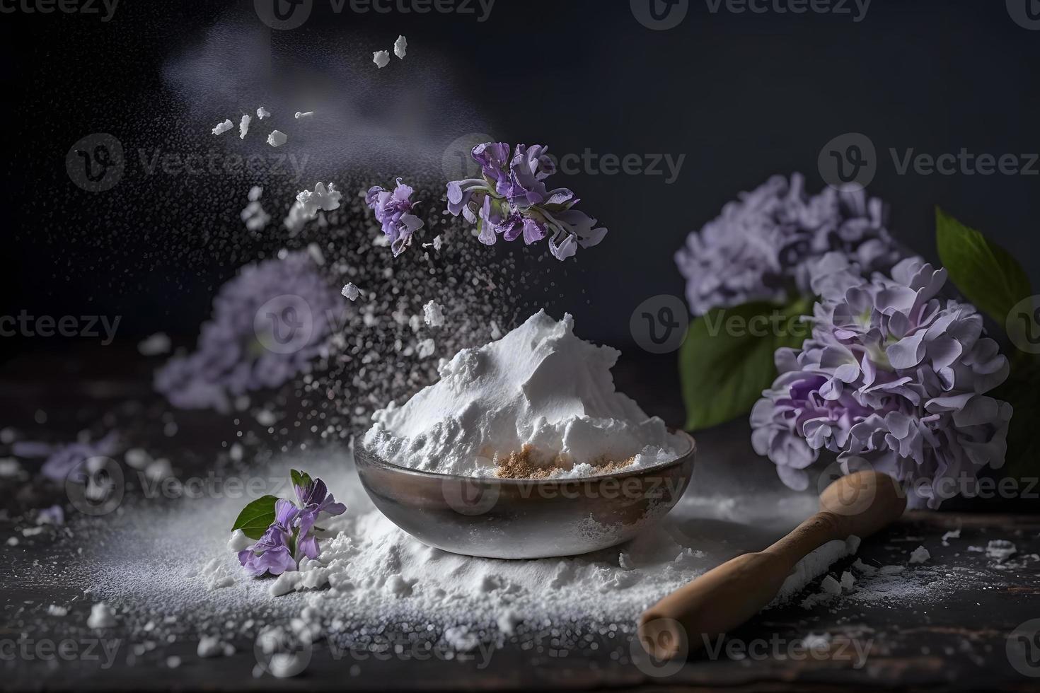 Preparation for fried lilac flower with powdered sugar. Sweet dessert photography photo