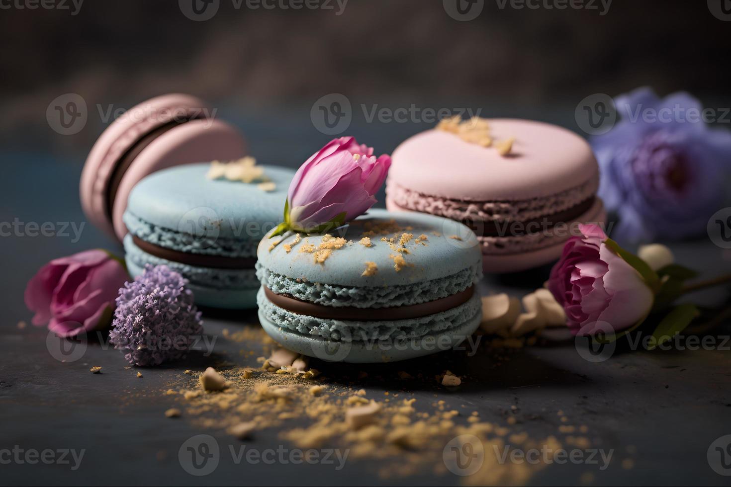 Sweet and beautiful macaroons of flower flavour. Flower flavour dessert food photography photo