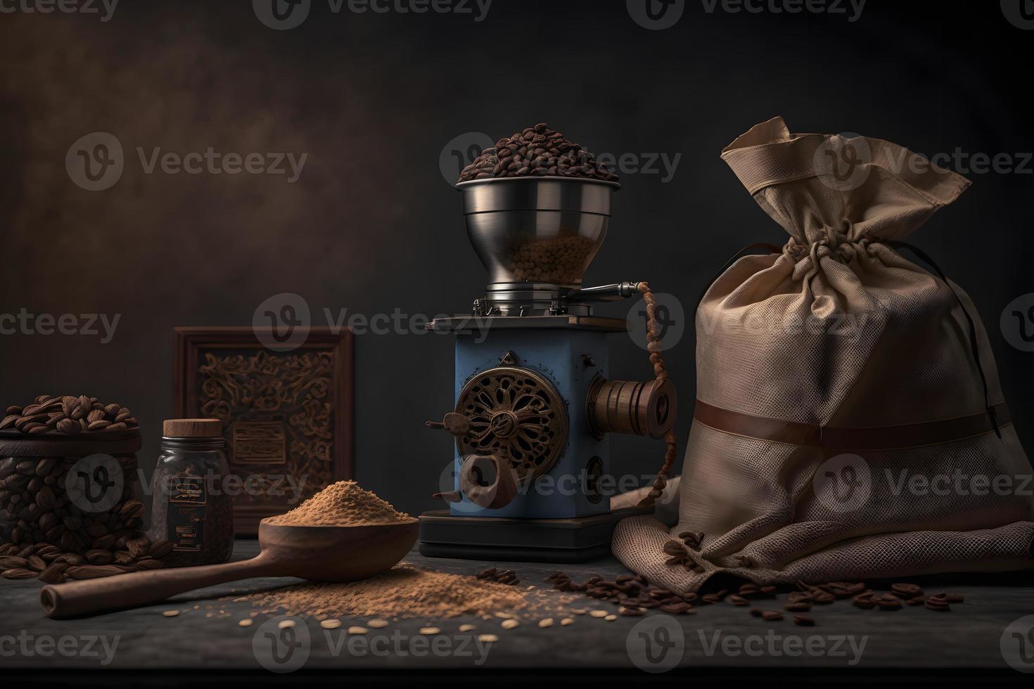 Arabic coffee beans in bag and grinder with ground coffee drink photography photo