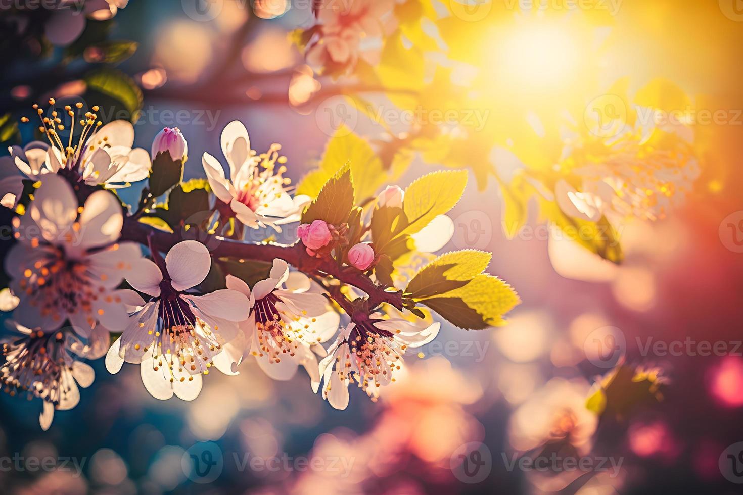 Spring blossom background. Nature scene with blooming tree and sun flare. Spring flowers. Beautiful orchard Photography photo
