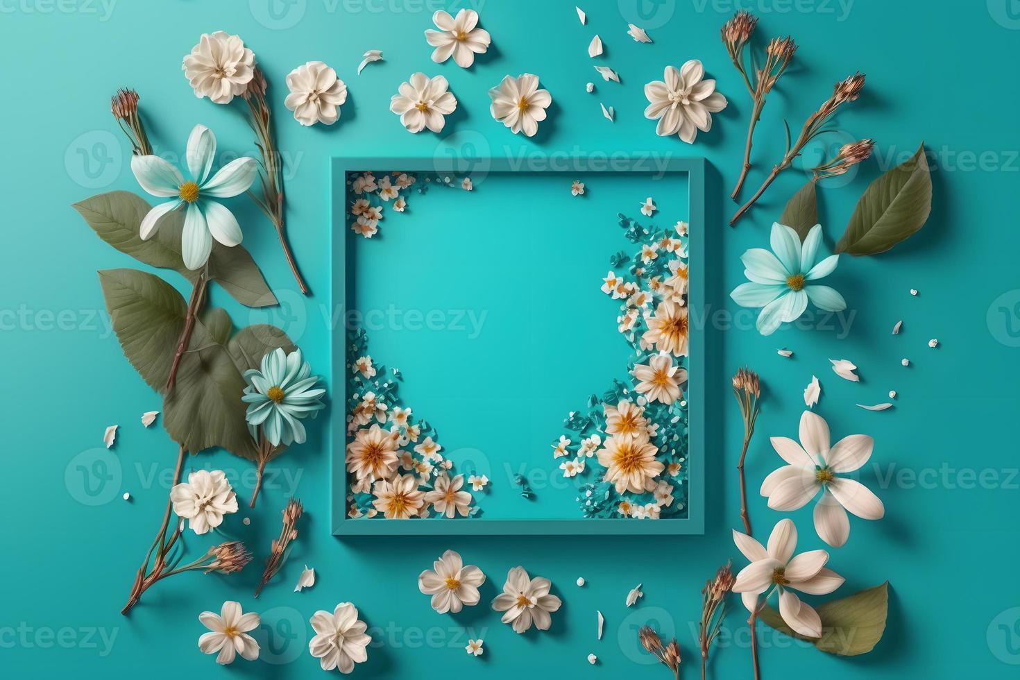 Beautiful spring nature background with lovely blossom, petal a on turquoise blue background frame photo