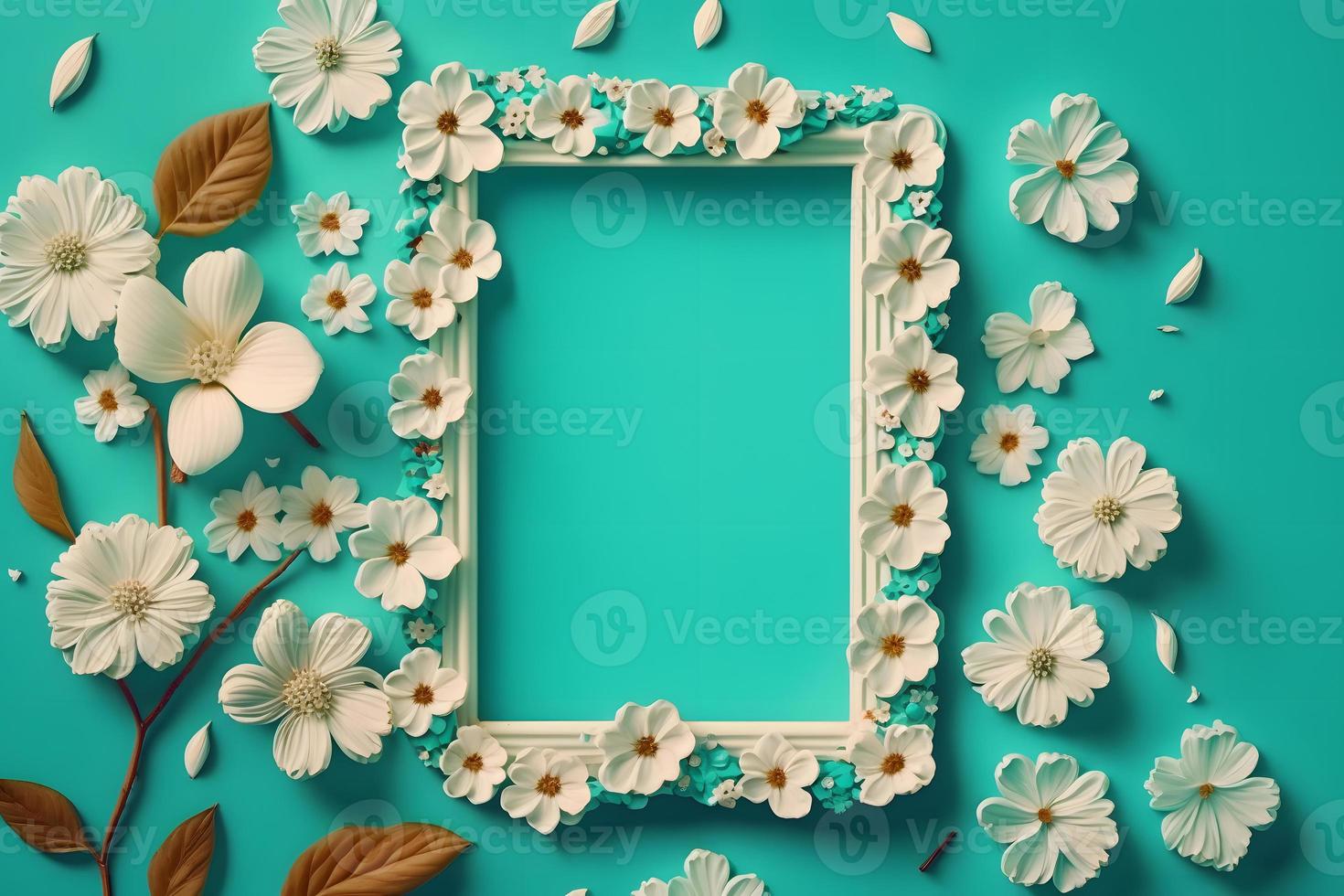 Beautiful spring nature background with lovely blossom, petal a on turquoise blue background frame photo
