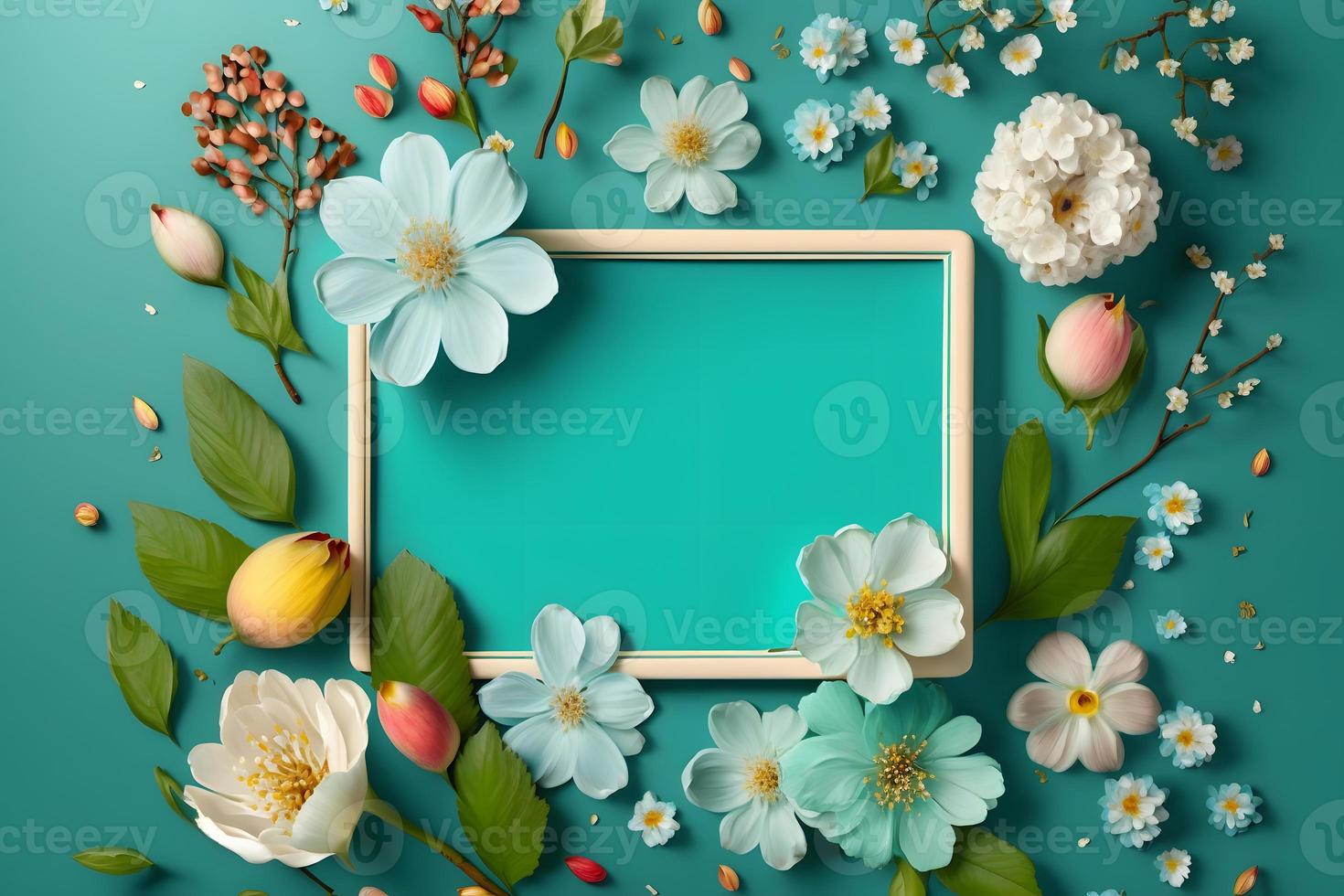 Beautiful spring nature background with lovely blossom, petal a on turquoise blue background frame photo