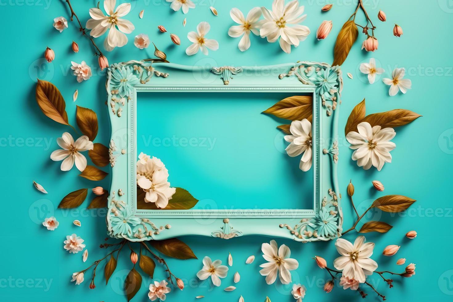 Beautiful spring nature background with lovely blossom, petal a on turquoise blue background frame photo