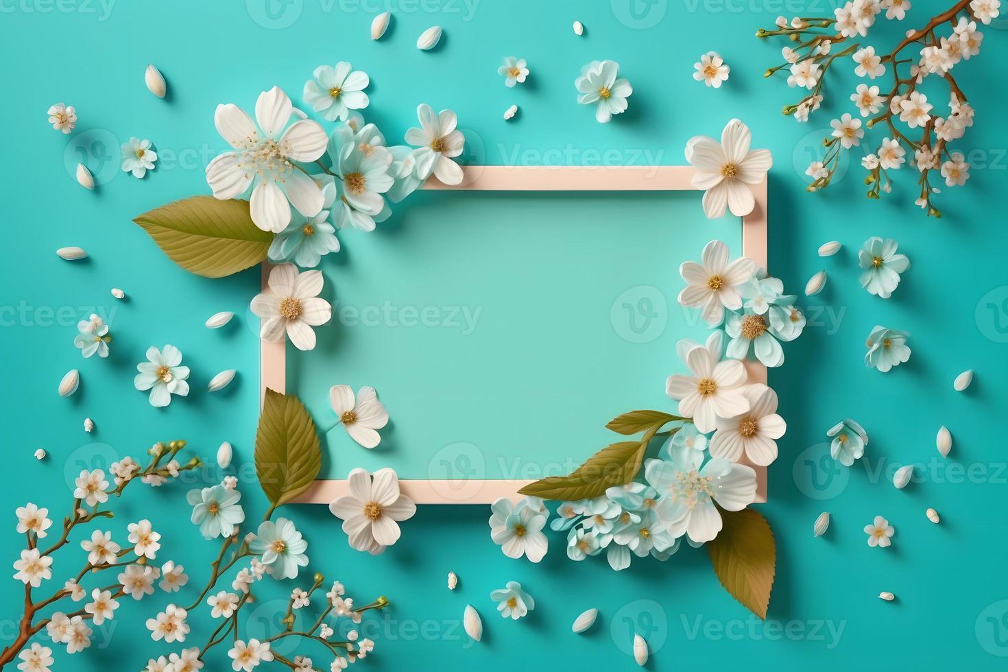 Beautiful spring nature background with lovely blossom, petal a on turquoise blue background frame photo