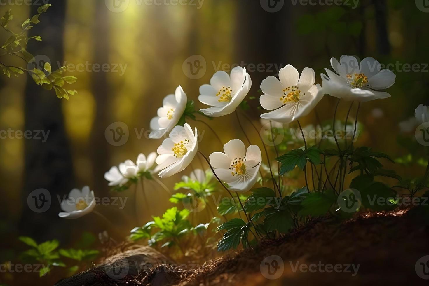 Beautiful white flowers of anemones in spring in a forest close up in sunlight in nature. Spring forest landscape with flowering primroses photo