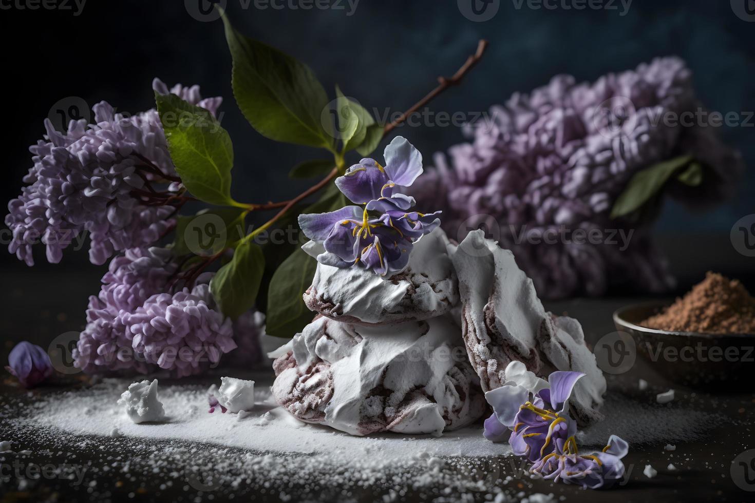 preparación para frito lila flor con en polvo azúcar. dulce postre fotografía foto