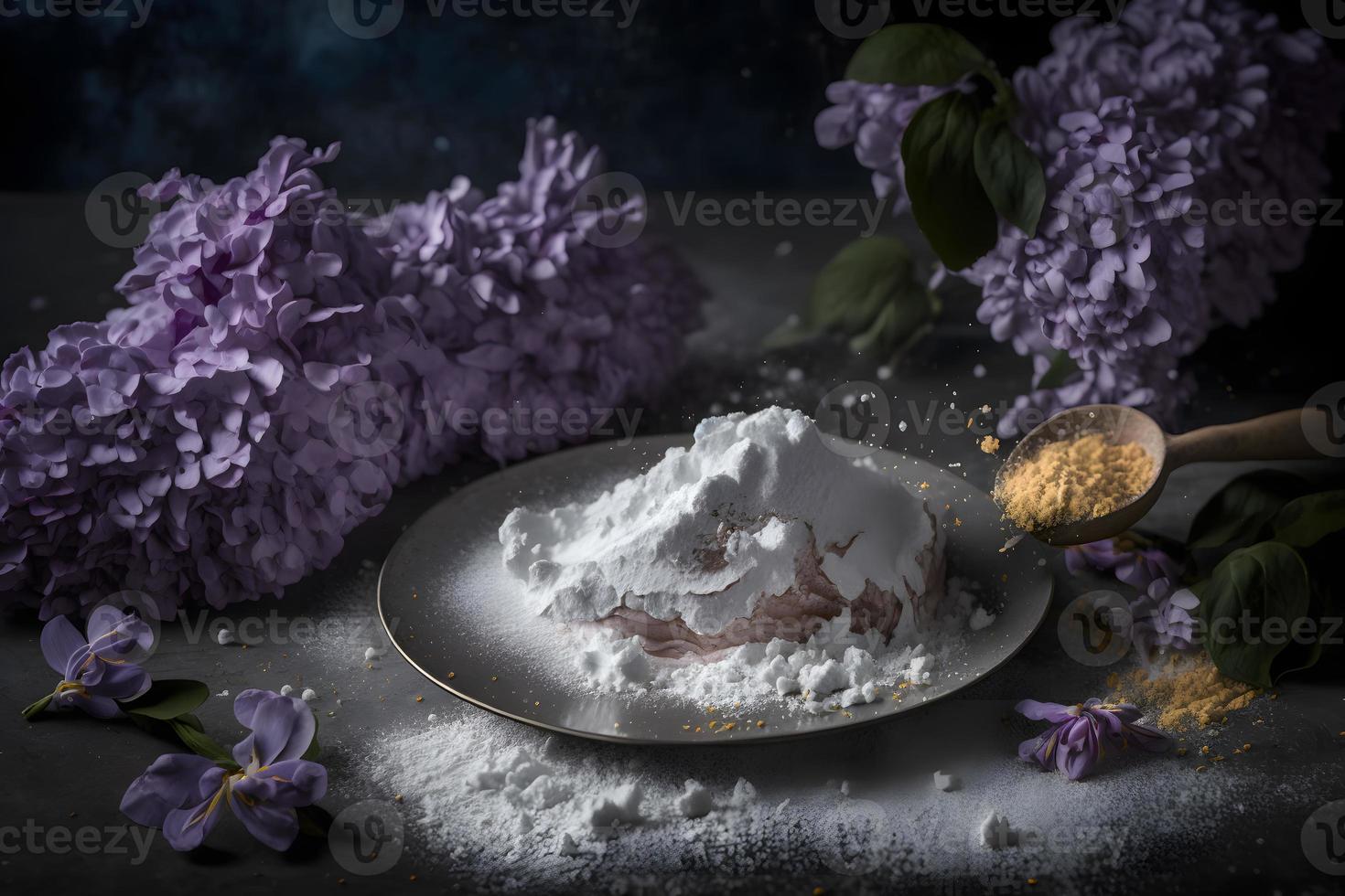 Preparation for fried lilac flower with powdered sugar. Sweet dessert photography photo