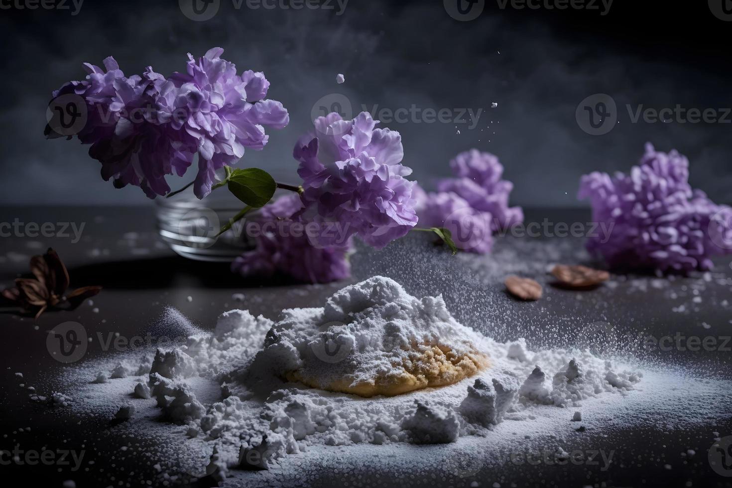 preparación para frito lila flor con en polvo azúcar. dulce postre fotografía foto