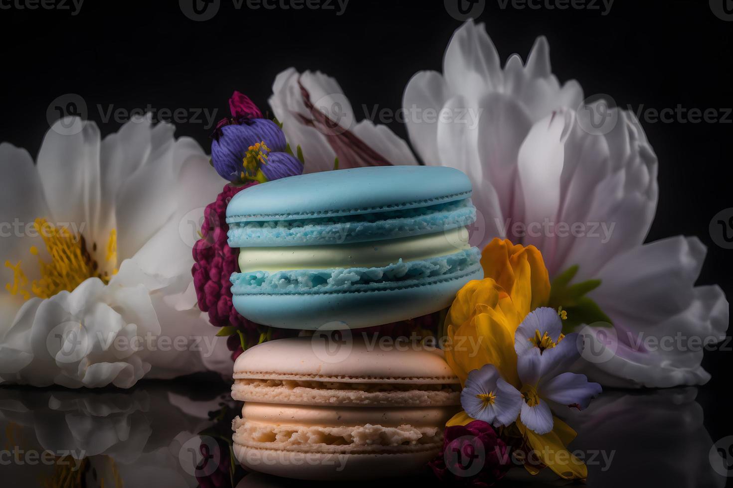 Sweet and beautiful macaroons of flower flavour. Flower flavour dessert food photography photo