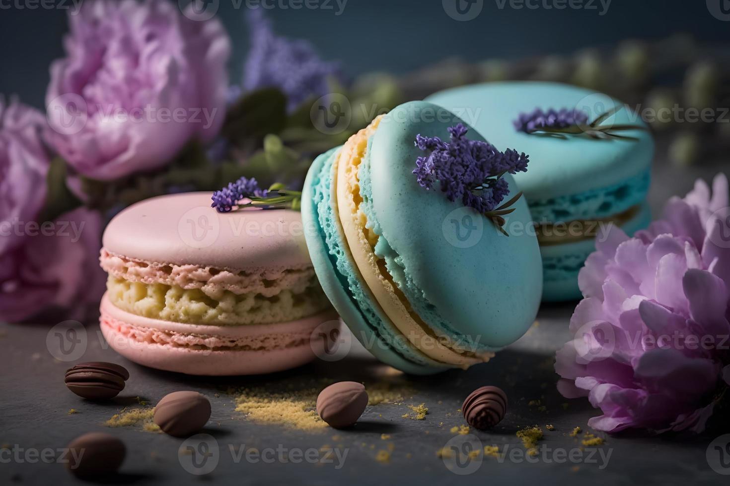 Sweet and beautiful macaroons of flower flavour. Flower flavour dessert food photography photo