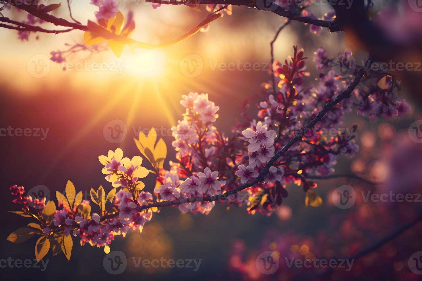 Spring blossom background. Nature scene with blooming tree and sun flare. Spring flowers. Beautiful orchard Photography photo