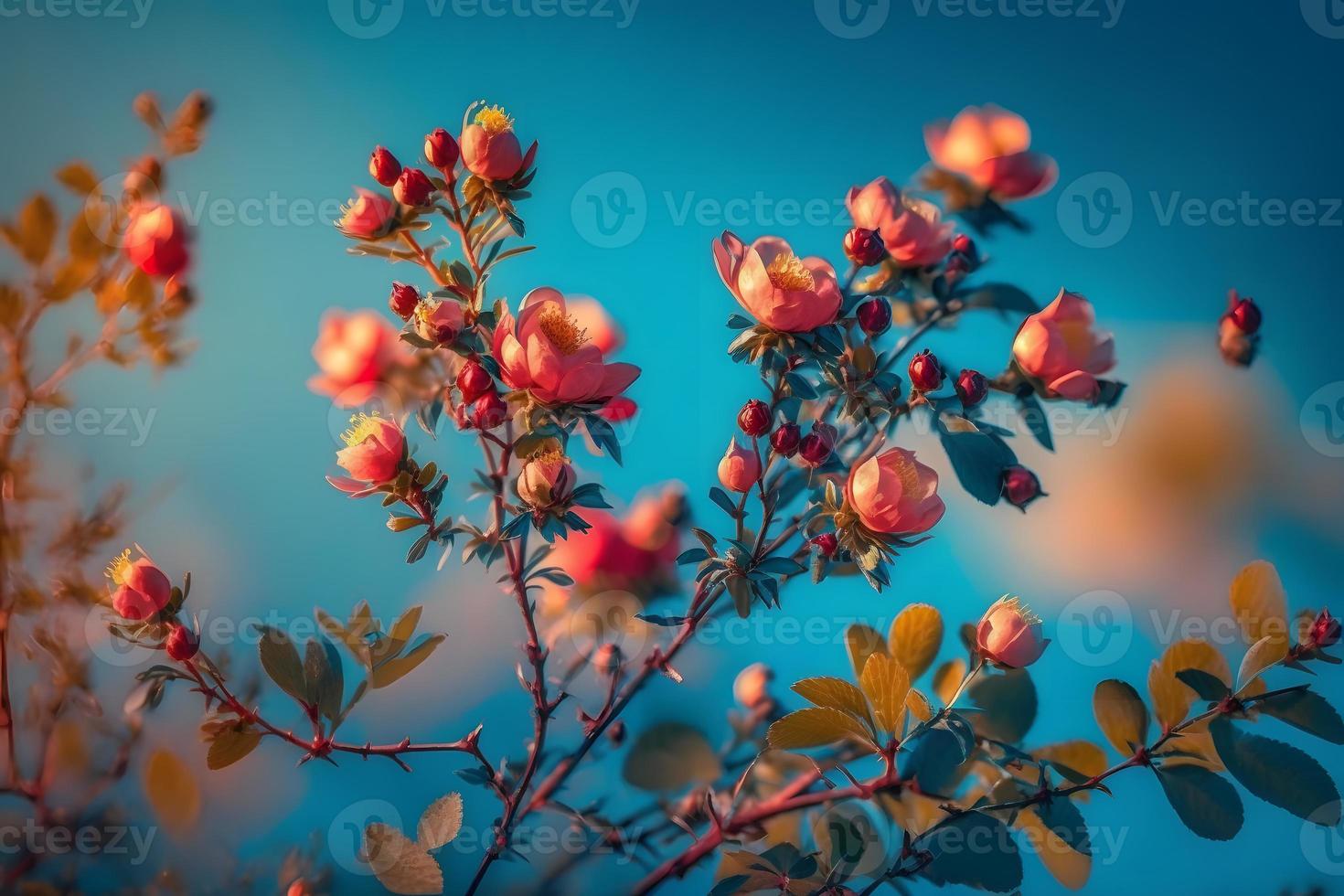 Beautiful spring border, blooming rose bush on a blue background. Flowering rose hips against the blue sky photo