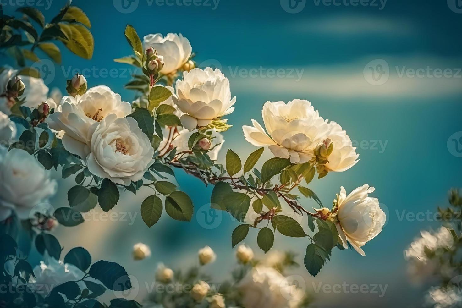 White bush roses on a background of blue sky in the sunlight. Beautiful spring or summer floral background photo