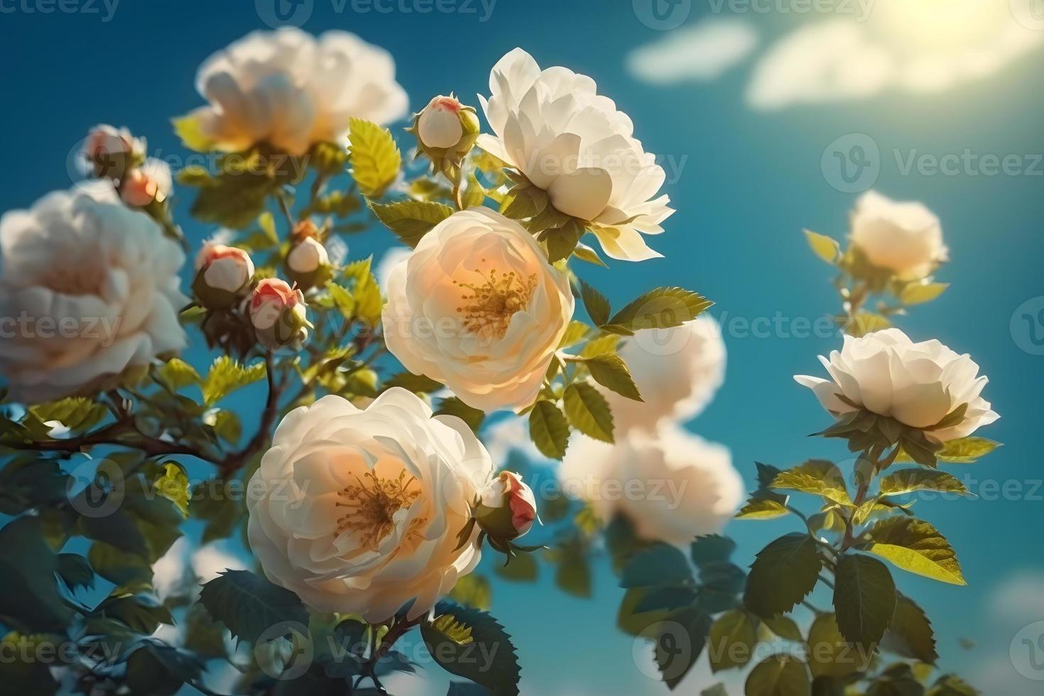 White bush roses on a background of blue sky in the sunlight. Beautiful spring or summer floral background photo