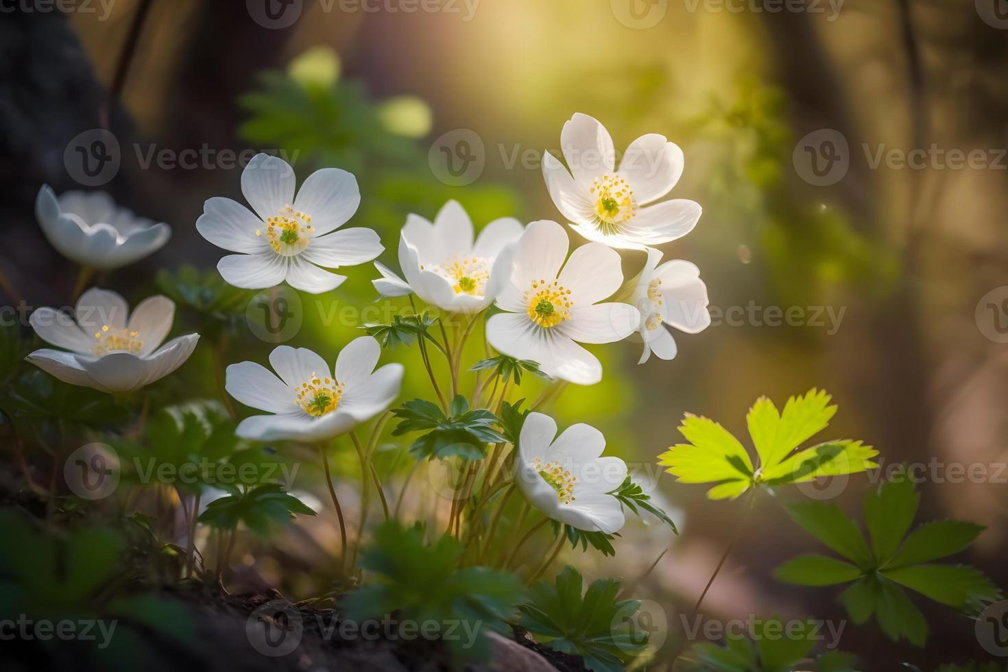 Beautiful white flowers of anemones in spring in a forest close up in sunlight in nature. Spring forest landscape with flowering primroses photo