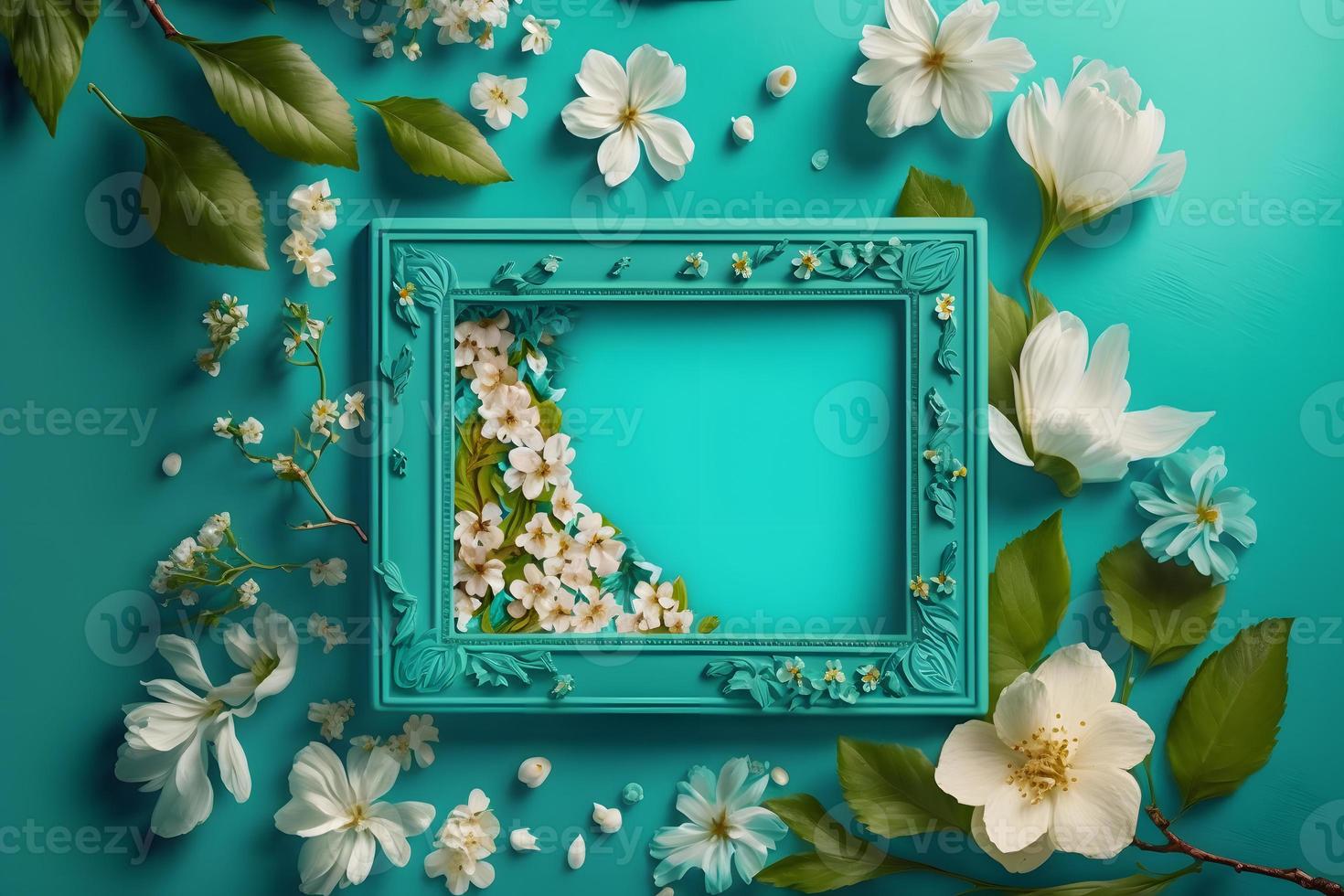 Beautiful spring nature background with lovely blossom, petal a on turquoise blue background frame photo