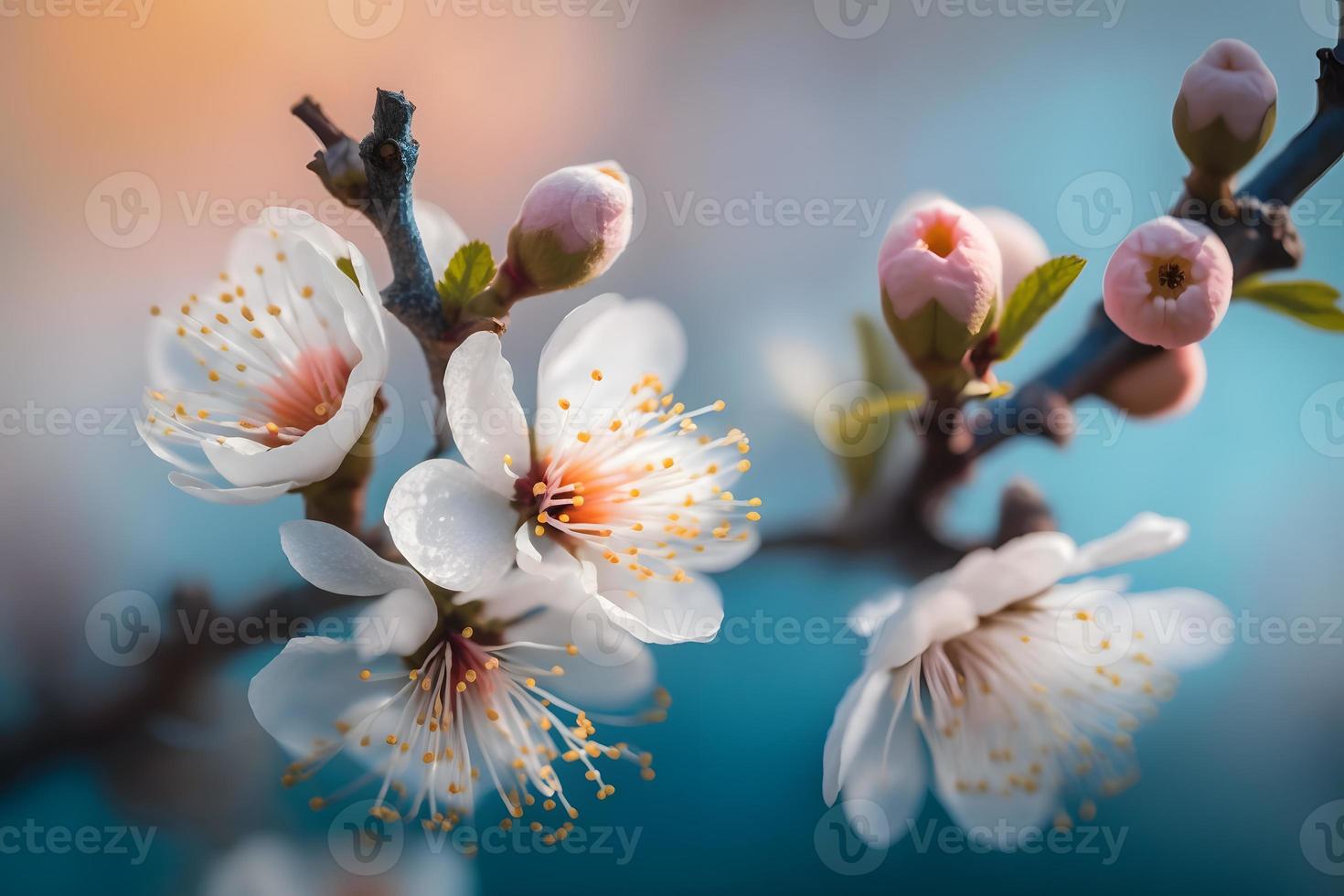 Photos Beautiful floral spring abstract background of nature. Branches of blossoming apricot macro with soft focus on gentle light blue sky background