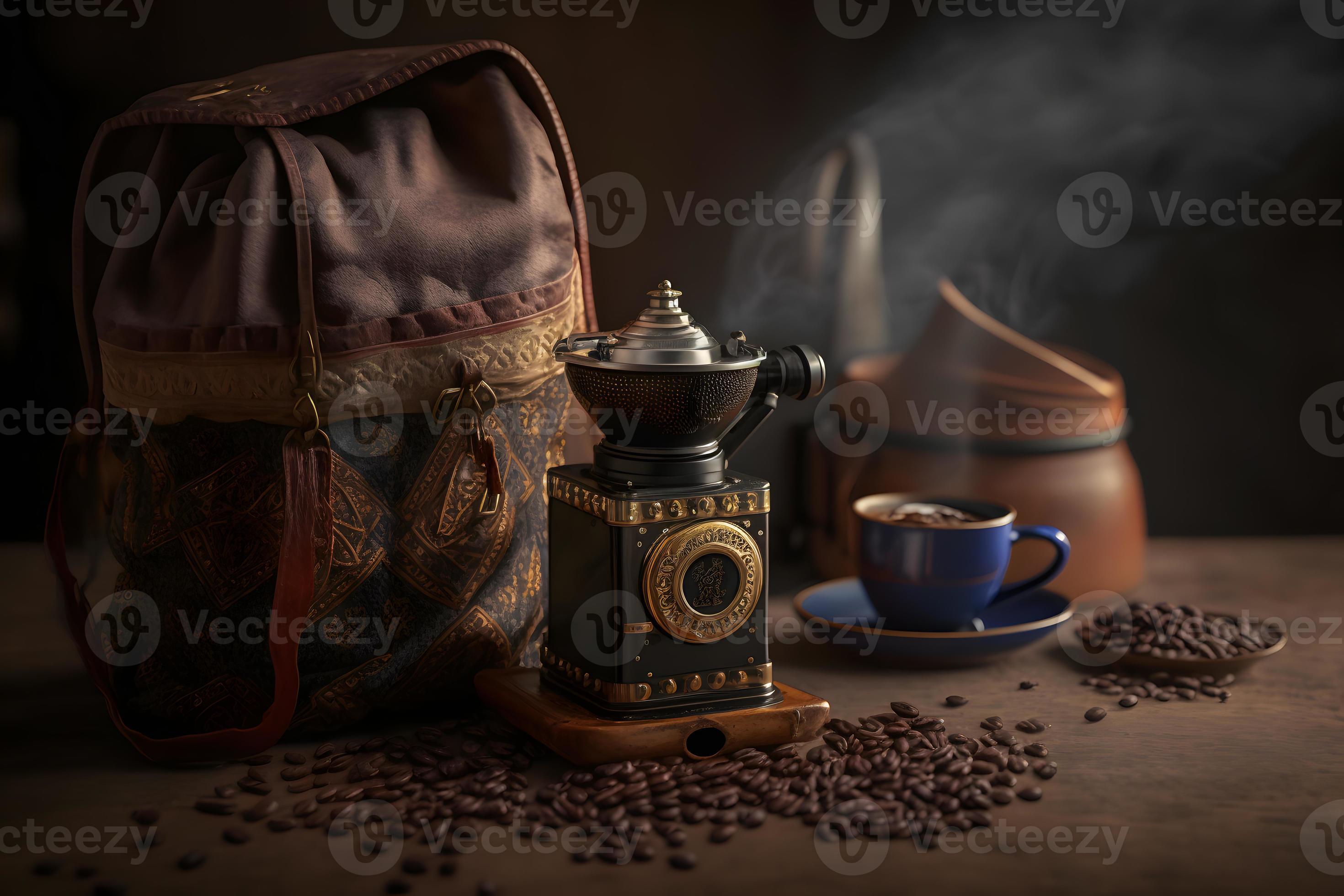 Arabic coffee beans in bag and grinder with ground coffee drink
