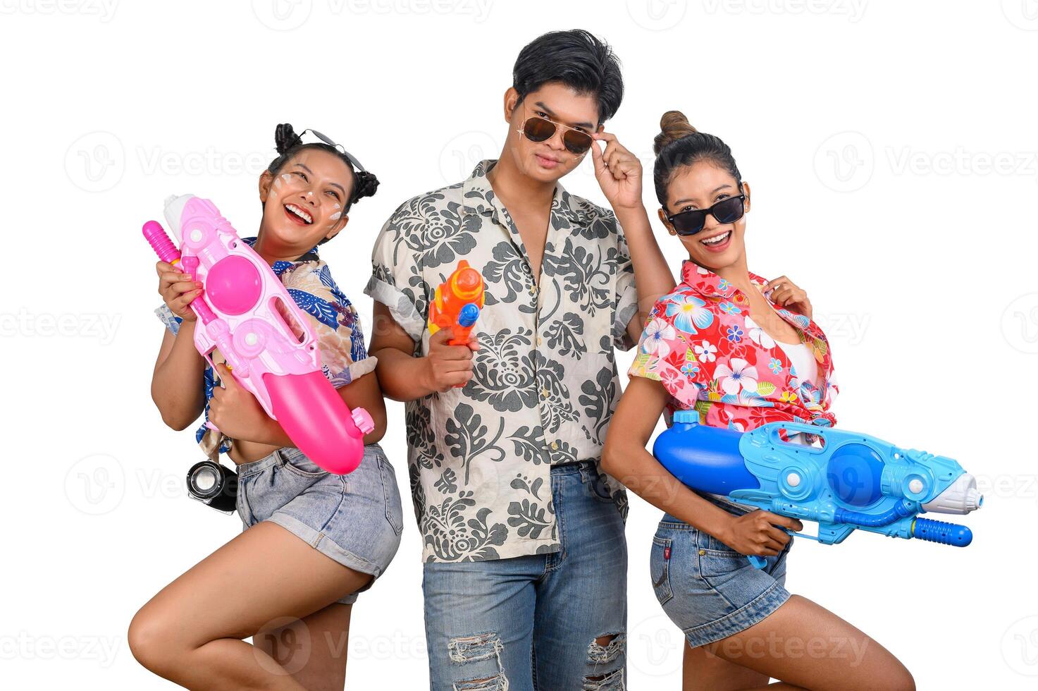 Teenager group have fun with water gun on Songkran Day photo