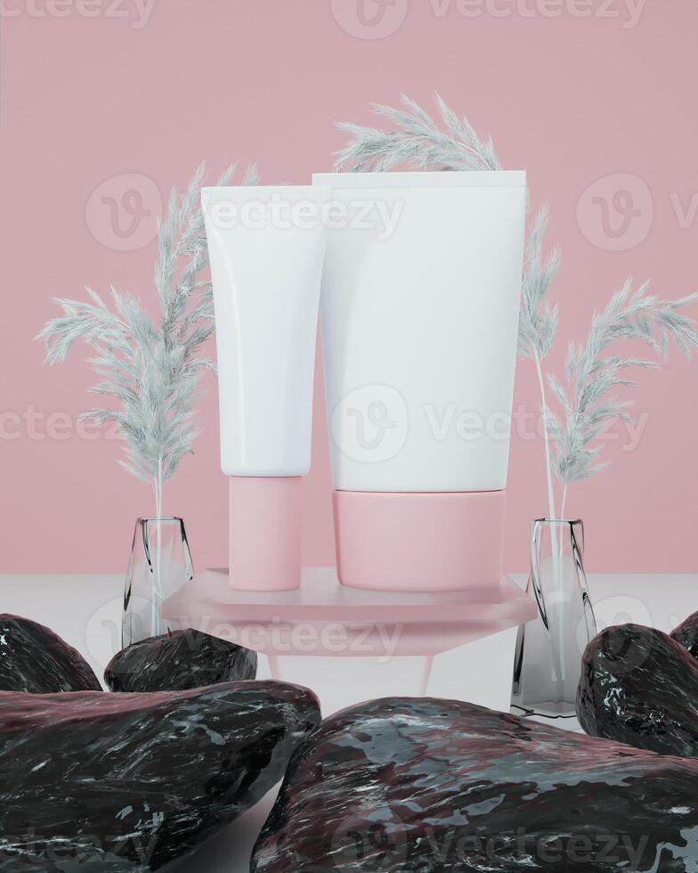 A mock up of realistic White blank cosmetic tube isolated on natural background, 3d rendering , 3D illustration photo