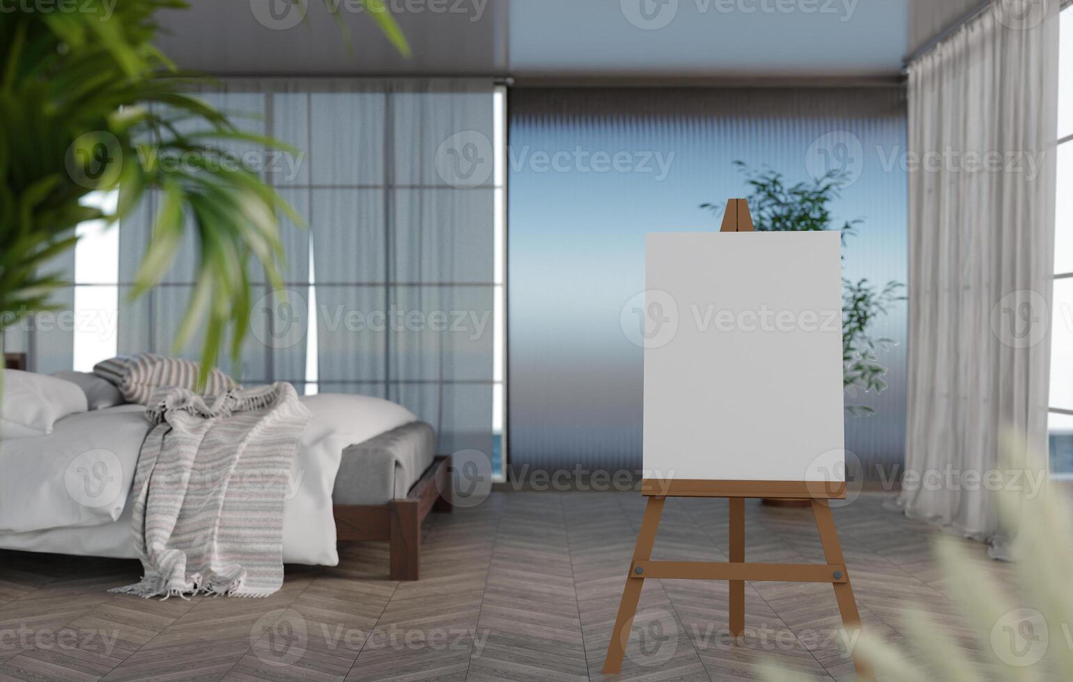 3D mockup blank canvas on Wooden easel in bedroom rendering photo