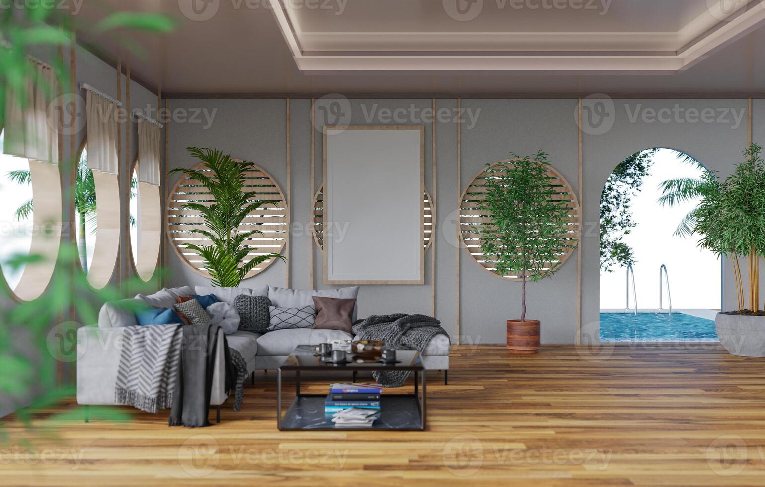 3D mockup blank photo frame in living room rendering