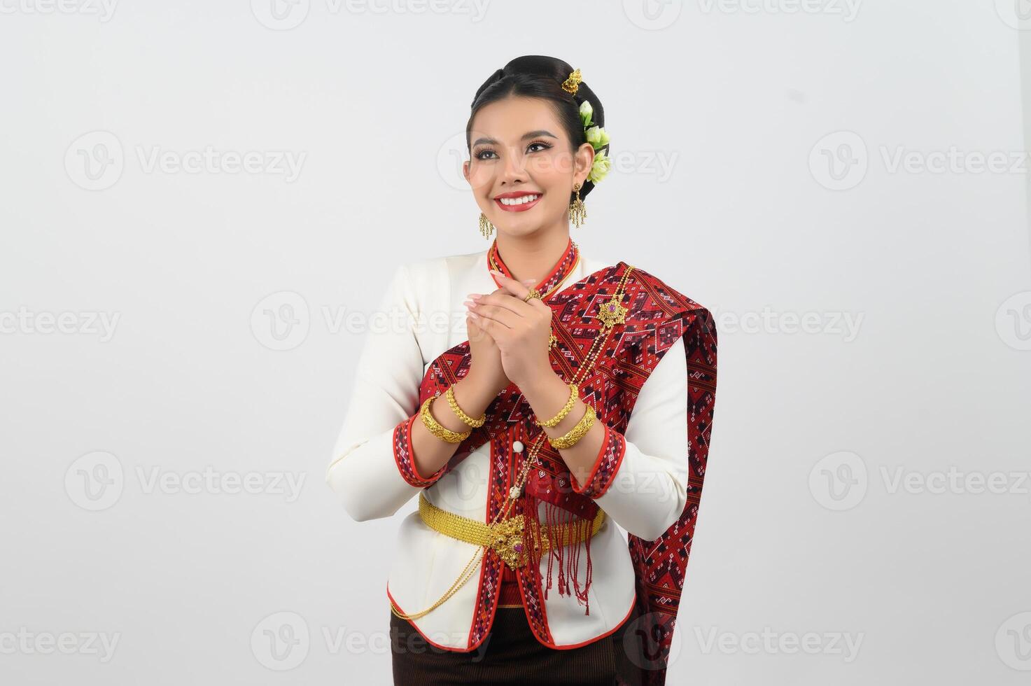 Portrait of Beautiful Thai Woman in Traditional Clothing shy Posing photo