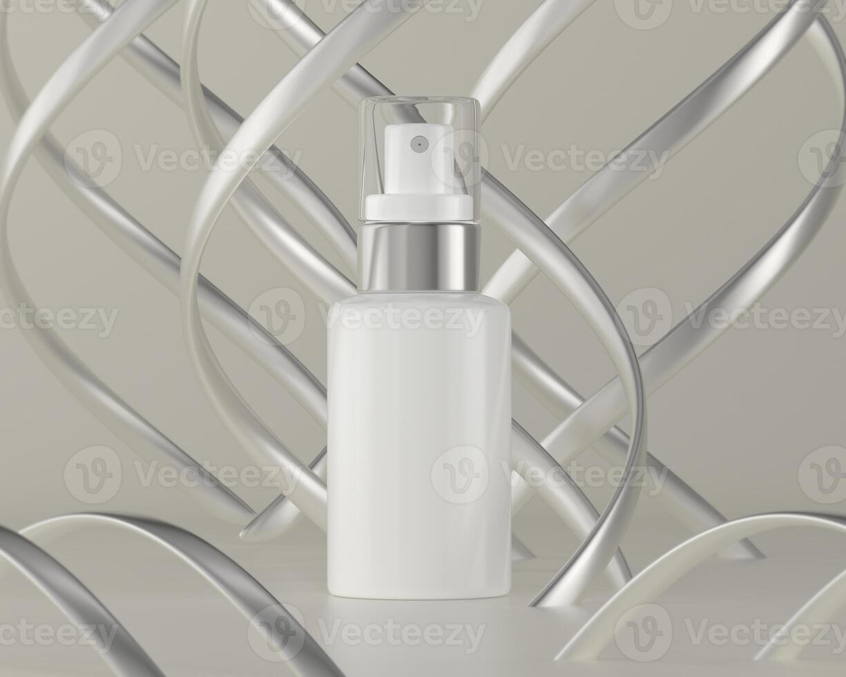 A mock up of realistic White blank cosmetic tube and spray bottle isolated on grey background, 3d rendering , 3D illustration photo