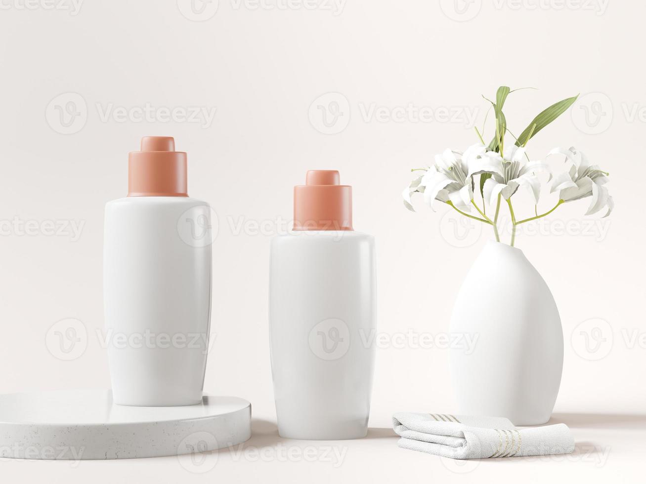 Cosmetic tube and spray bottle mockup isolated on light background with leaves, 3D rendering, 3D illustration photo