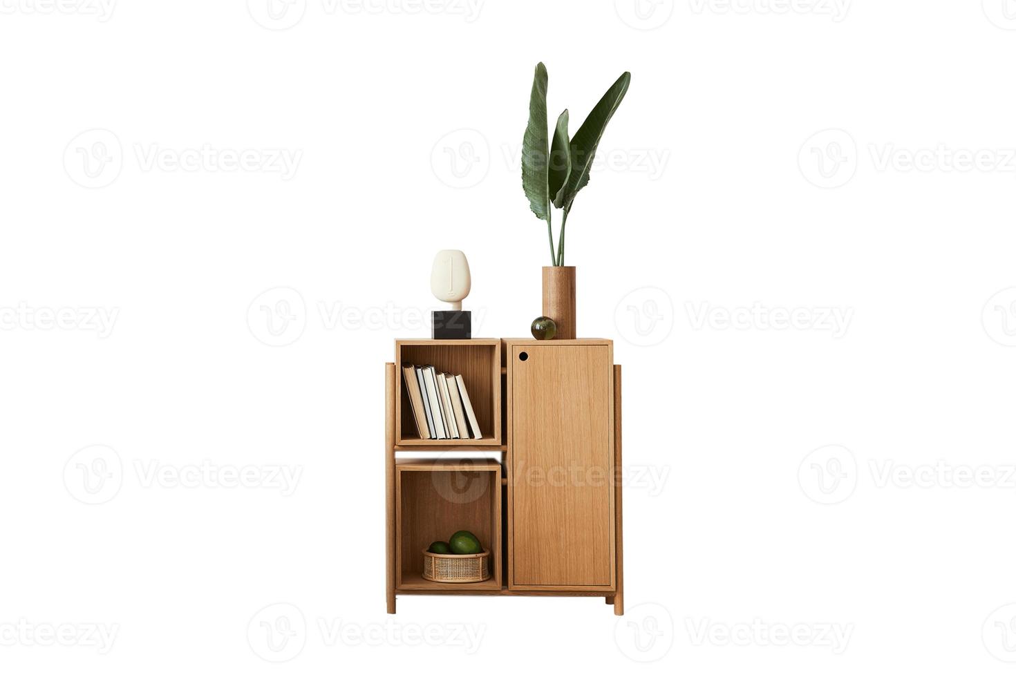 49 Wooden storage cabinet with home decor isolated on a transparent background photo