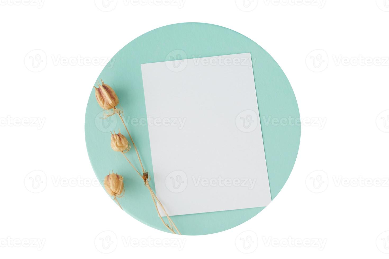 1844 Blue plate with white paper and dried flowers isolated on a transparent background photo