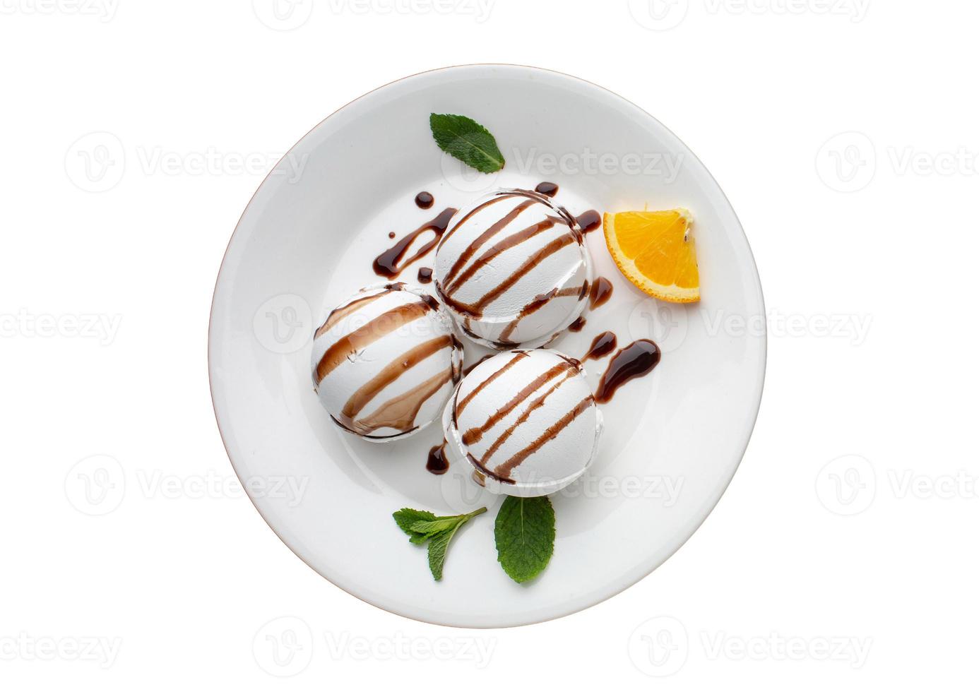 2001 White plate with ice cream balls isolated on a transparent background photo