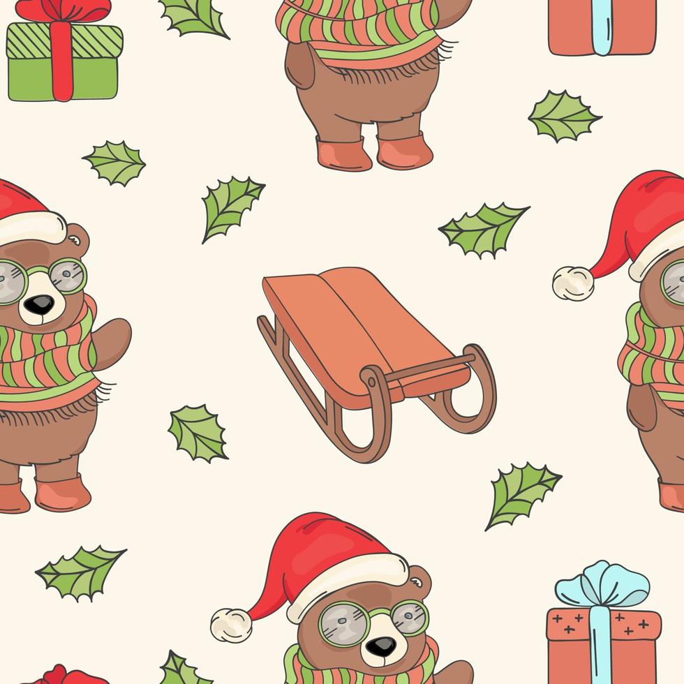 BEAR SANTA SLED New Year Seamless Pattern Vector Illustration