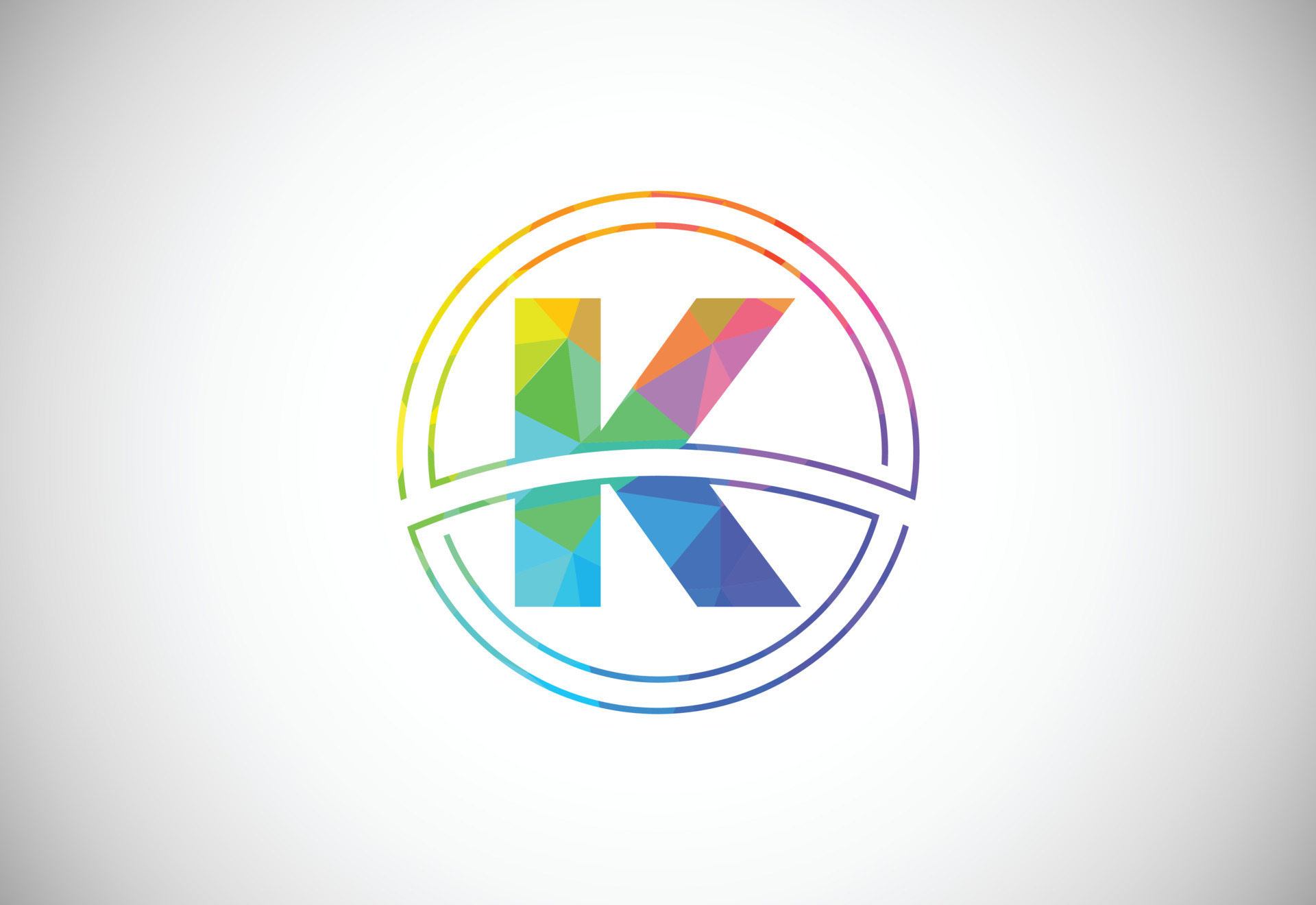 Low poly style letter K with a circle frame. Graphic alphabet symbol