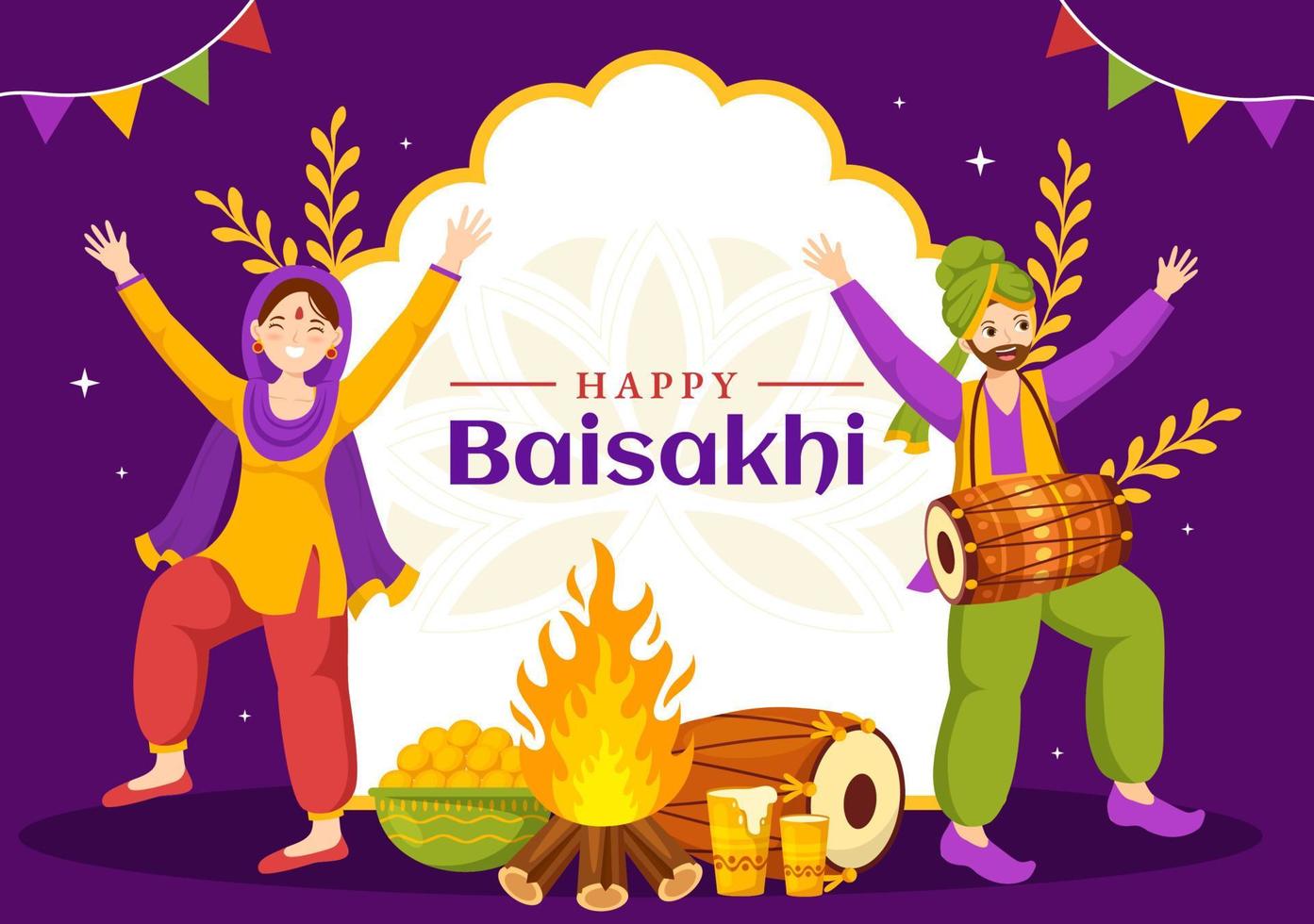 Happy Baisakhi Illustration with Vaisakhi Punjabi Spring Harvest Festival of Sikh celebration in Flat Cartoon Hand Drawn for Landing Page Templates vector