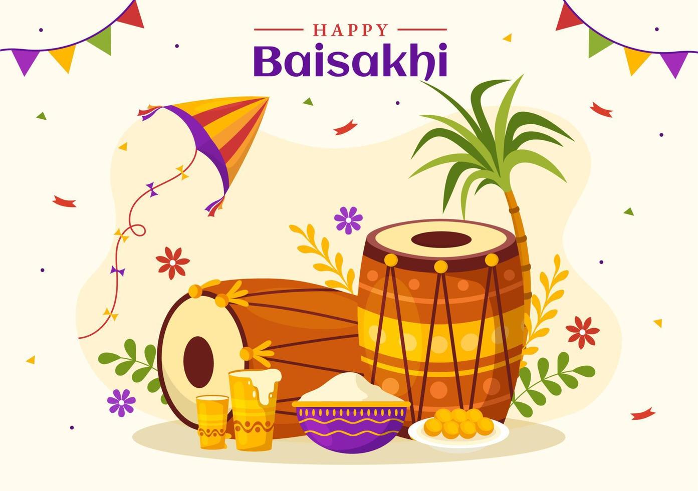 Happy Baisakhi Illustration with Vaisakhi Punjabi Spring Harvest Festival of Sikh celebration in Flat Cartoon Hand Drawn for Landing Page Templates vector