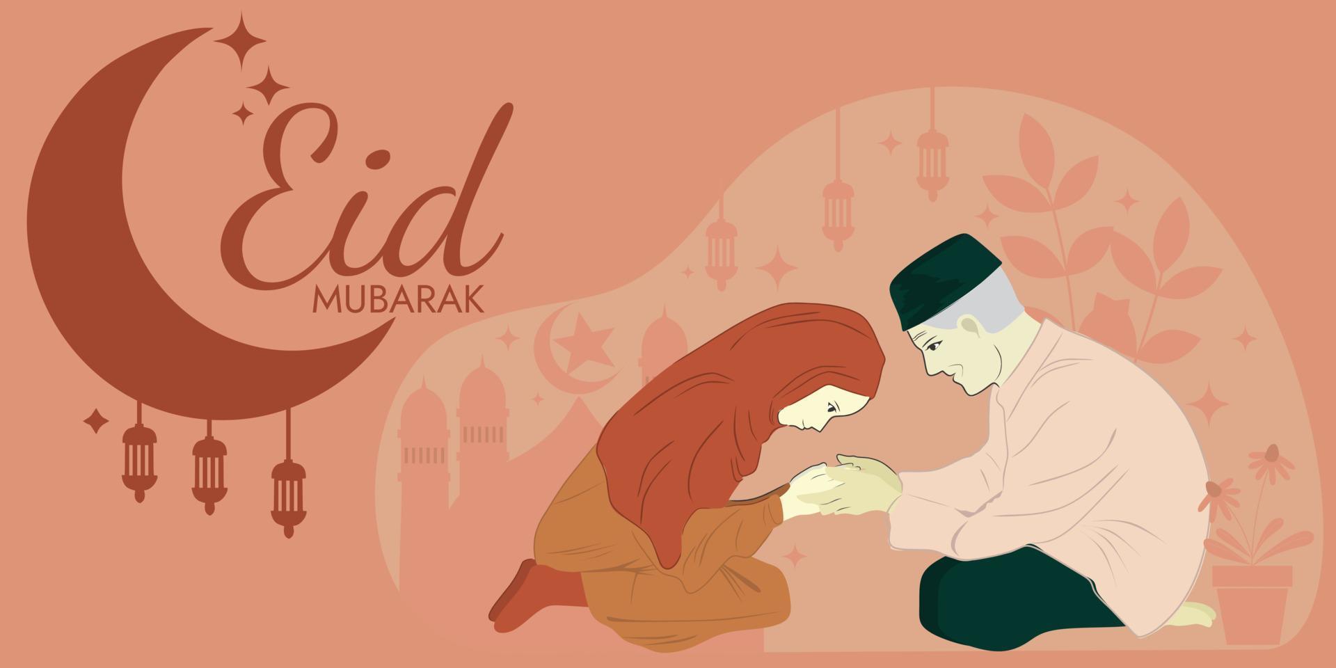 eid mubarak poster illustration. flat design old man and woman in hijab shaking hands. vector